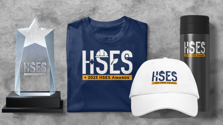 HSES logo applied to apparel, coffee mug, hat, and engraved trophy.